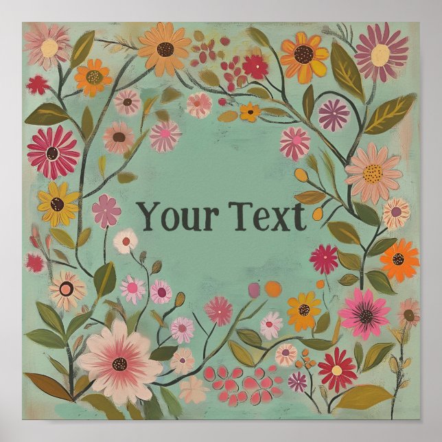 Customisable Folk Art Flowers Poster in Teal (Front)
