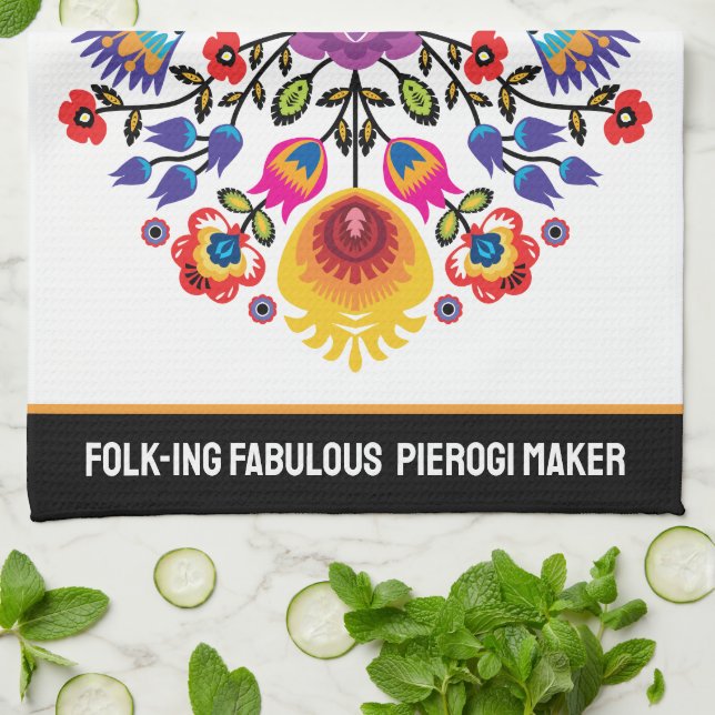 Customisable Folk-ing Fabulous Pierogi maker Tea Towel (Folded)