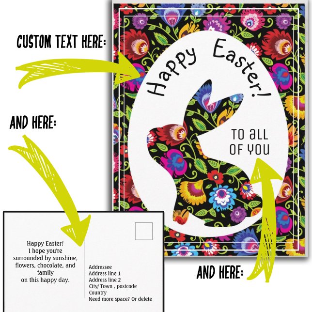Customisable folksy Easter bunny, Postcard (Creator Uploaded)