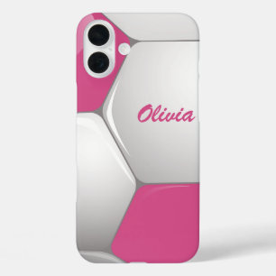 Customisable Football Soccer Ball Pink and White iPhone 16 Plus Case