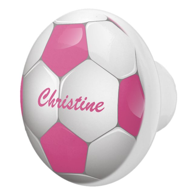 Customisable Football Soccer Ball Pink and White Ceramic Knob (Right)