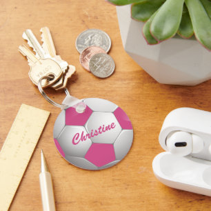 Customisable Football Soccer Ball Pink and White Key Ring