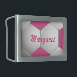 Customisable Football Soccer Ball Pink and White Rectangular Belt Buckle<br><div class="desc">A rectangle belt buckle with a fun sports design for the girl or woman who is a keen soccer player or soccer fan. It features a pink and white football or soccer ball with coordinating pink customisable text for their name. Other colour combinations are available in our store and we...</div>
