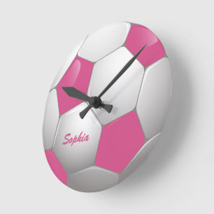 Customisable Football Soccer Ball Pink and White Round Clock