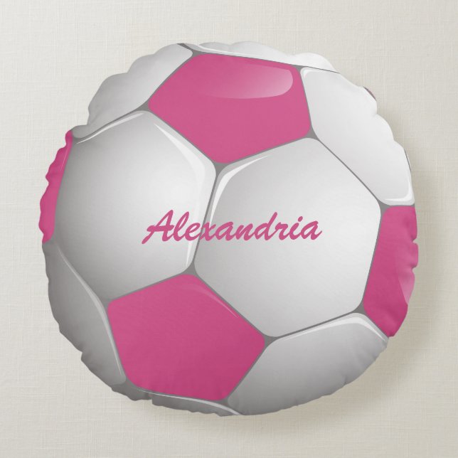 Customisable Football Soccer Ball Pink and White Round Cushion (Front)