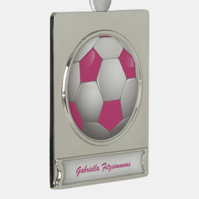 Customisable Football Soccer Ball Pink and White Silver Plated Banner Ornament (Right)