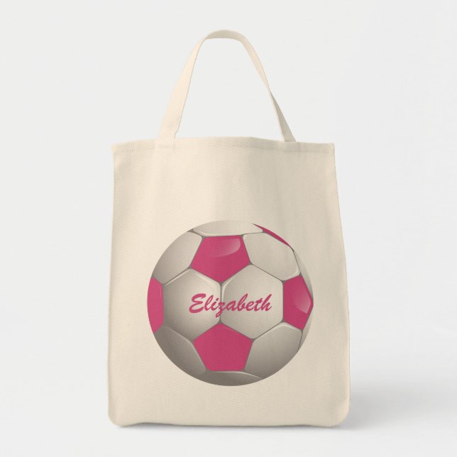Customisable Football Soccer Ball Pink and White Tote Bag (Front)