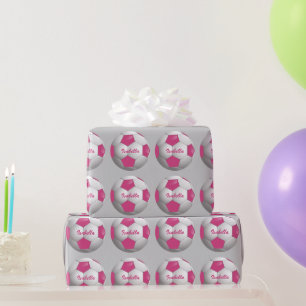 Customisable Football Soccer Ball Pink and White Wrapping Paper