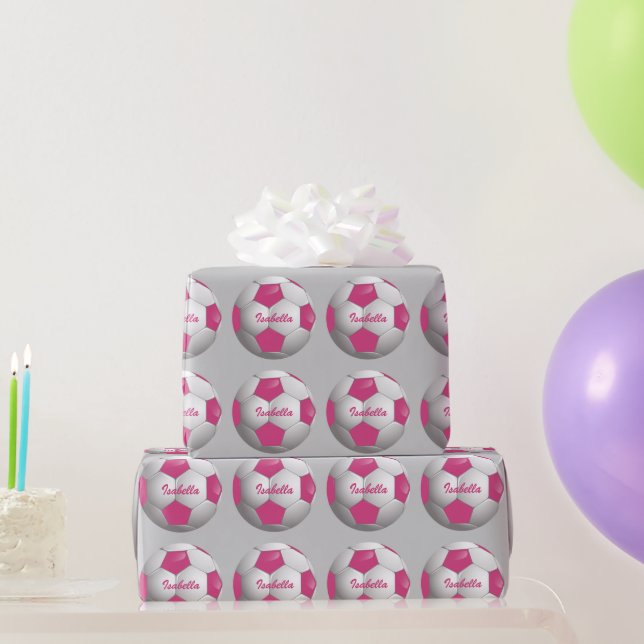 Customisable Football Soccer Ball Pink and White Wrapping Paper (Party Gifts)