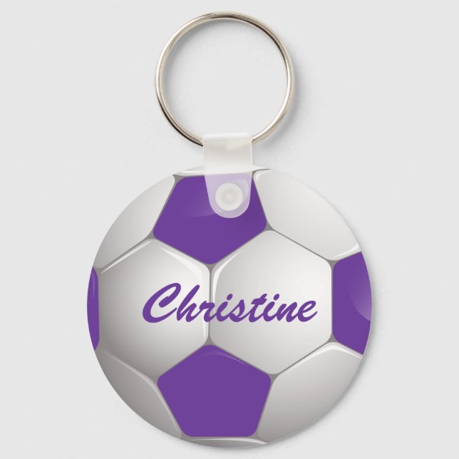 Customisable Football Soccer Ball Purple and White Key Ring (Front)
