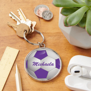 Customisable Football Soccer Ball Purple and White Key Ring