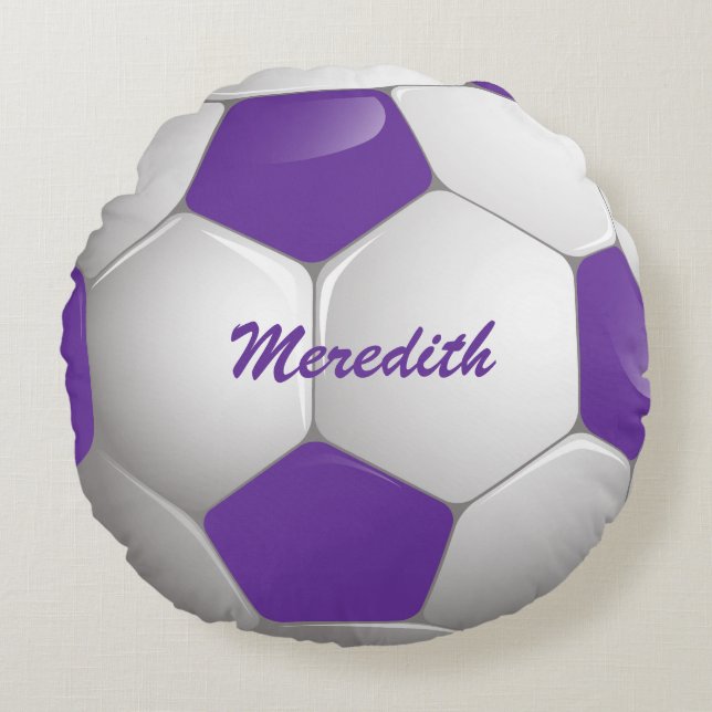 Customisable Football Soccer Ball Purple and White Round Cushion (Front)