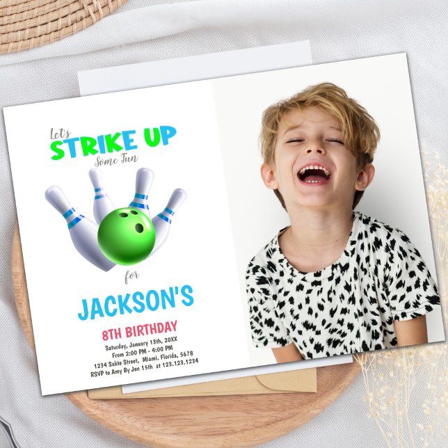 Customisable Fun Party Invitations for Kids (Green Ball Bowling Birthday Invitations w photo)