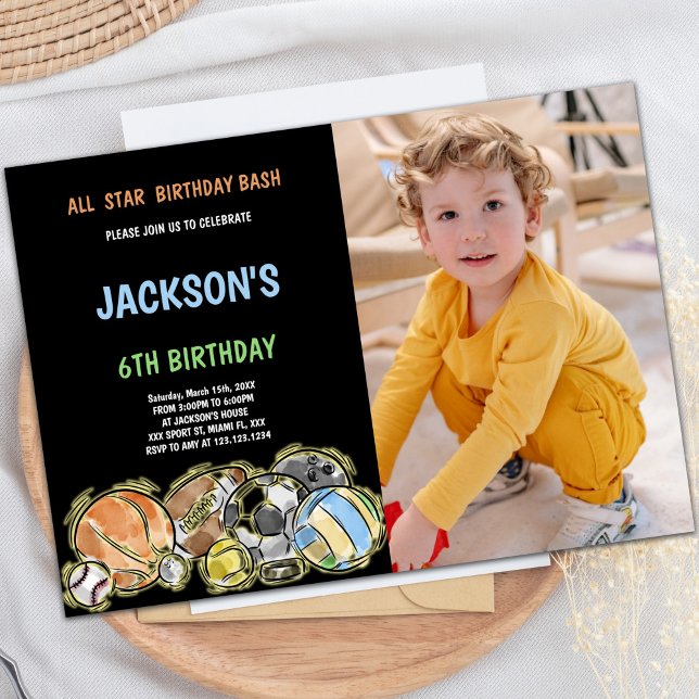 Customisable Fun Party Invitations for Kids (Black Sports Birthday Invitations with photo)