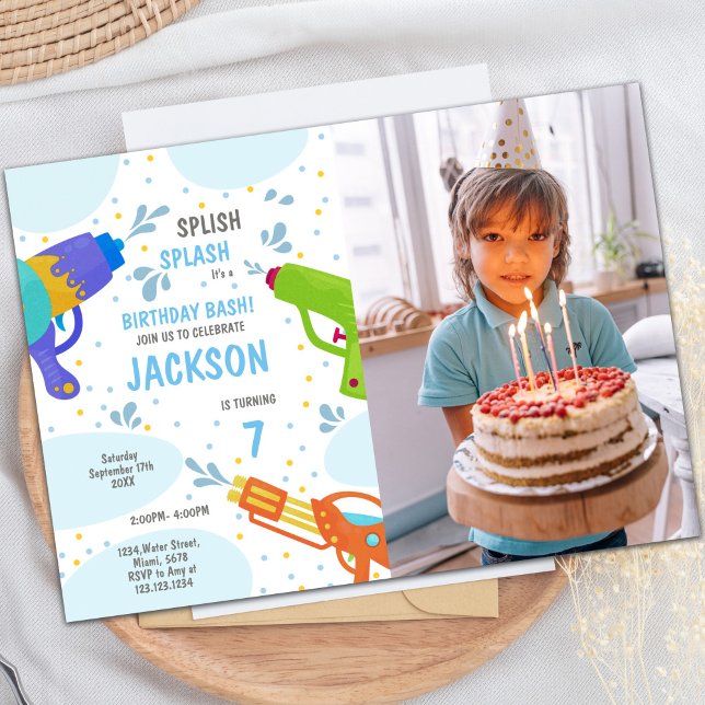 Customisable Fun Party Invitations for Kids (Green Water Gun Invitations with photo)
