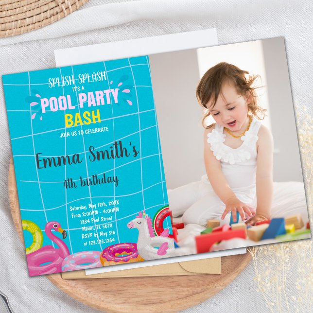 Customisable Fun Pool Party Invitations for Kids (Pool Bash Birthday Invitations with photo)