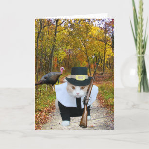Customisable Funny Cat/Kitty Pilgrim Holiday Card