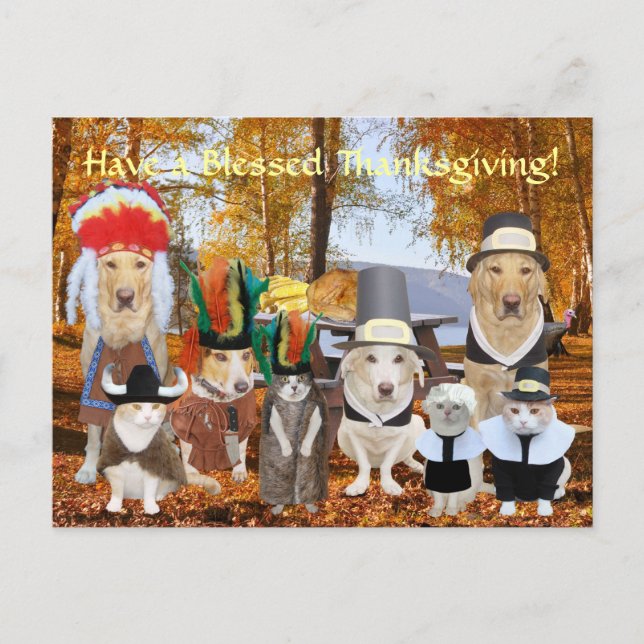 Customisable Funny Pets Pilgrims and Indians Holiday Postcard (Front)