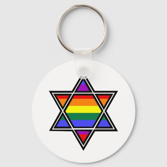 Customisable Gay Pride Rainbow Star of David Key Ring (Front)