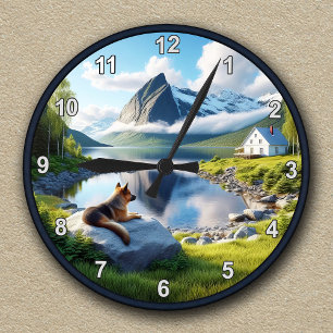 Customisable German Shepherd Lakeside Landscape Round Clock
