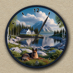 Customisable German Shepherd Lakeside Landscape Round Clock
