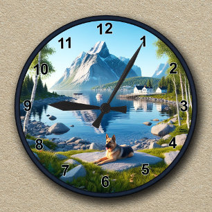 Customisable German Shepherd Lakeside Landscape Round Clock