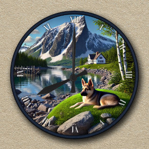 Customisable German Shepherd Lakeside Landscape Round Clock