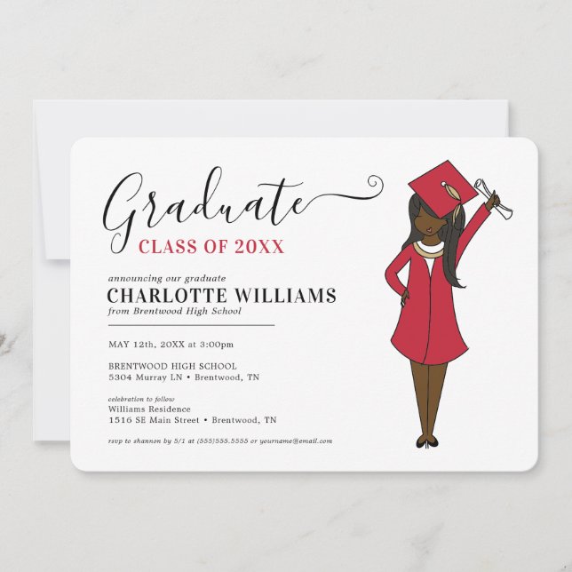 Customisable Girl Avatar | High School Graduation Invitation (Front)