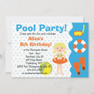 Customisable Girl's Pool Party Birthday Invitation