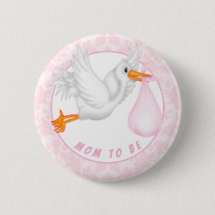 Customisable Girls Stork Baby Shower 6 Cm Round Badge
