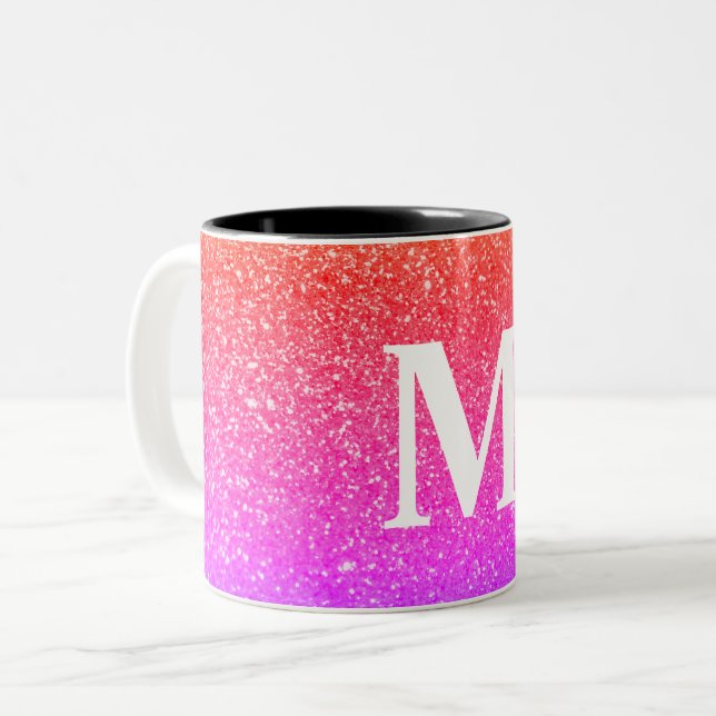 Customisable Glitter Pink Background with Monogram Two-Tone Coffee Mug (Front Left)