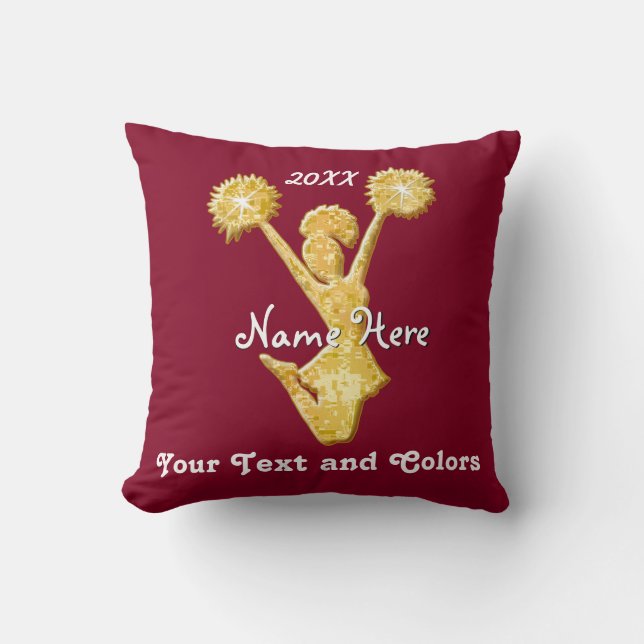Customisable Gold and Maroon Cheerleader Gifts Cushion (Front)