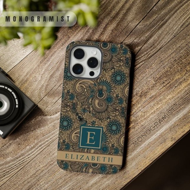 Customisable Gold Black Teal Blue Paisley Pattern iPhone Case (Customizable Gold Black Teal Blue Paisley Pattern iPhone Case)