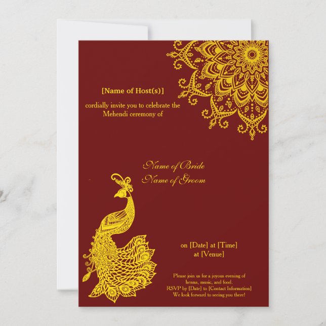 Customisable Gold Dark Red Mehendi Henna Indian Invitation (Front)