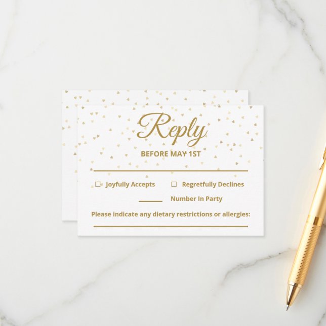 Customisable Gold Hearts Wedding RSVP Cards (Front/Back In Situ)