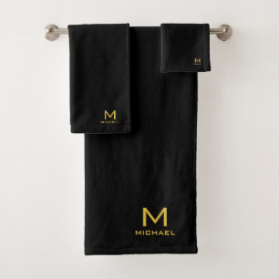 Customisable Gold Initial Monogram Name Black Bath Towel Set