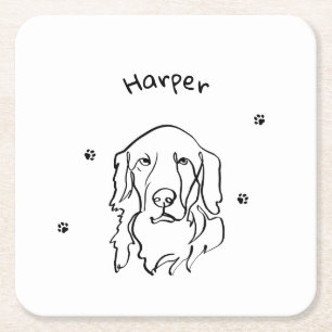 Customisable Golden Retriever Line Art Square Paper Coaster