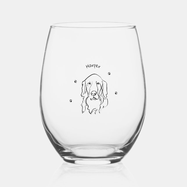 Customisable Golden Retriever Line Art Stemless Wine Glass (Front)