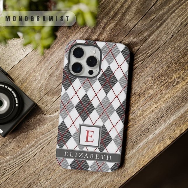 Customisable Grey Black White Red  Argyle Pattern iPhone Case (Customizable Grey Black White Red Argyle Pattern iPhone Case)