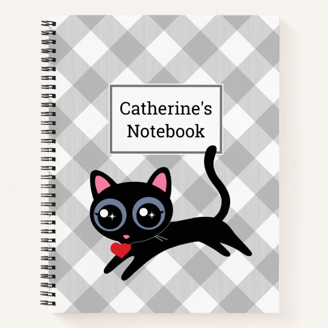 Customisable Grey Buffalo Plaid Black Kitty Cat Notebook (Front)