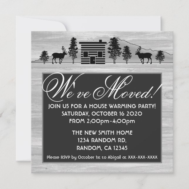Customisable grey log cabin rustic moving invites (Front)