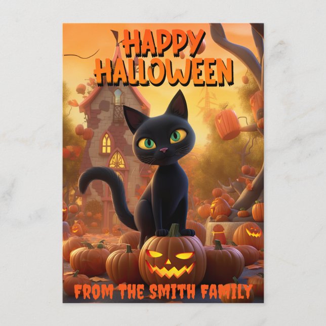 Customisable Halloween Black Cat with Pumpkins Enclosure Card (Front)