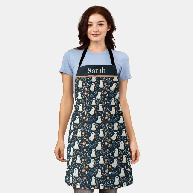 Customisable Halloween Ghosts Blue Floral Pattern Apron (Worn)