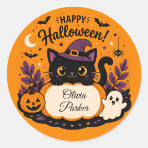 Customisable Halloween Name Sticker fFor Cat Lover