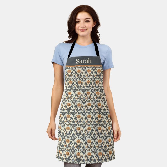 Customisable Halloween Pumpkin Damask Pattern Apron (Worn)