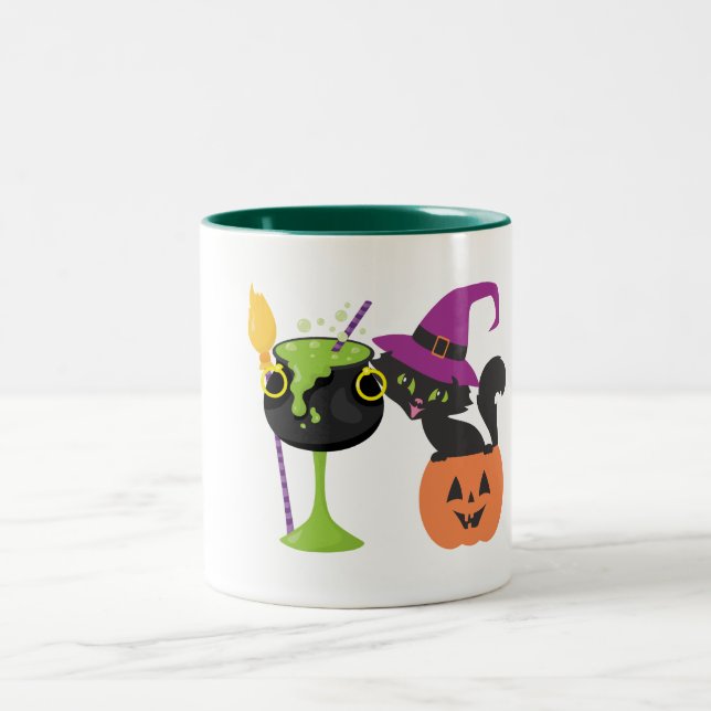Customisable Halloween Witch Brew Black Cat Two-Tone Coffee Mug (Center)
