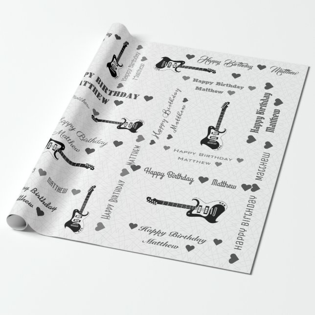 Customisable Happy Birthday Light Pattern Guitar Wrapping Paper (Unrolled)