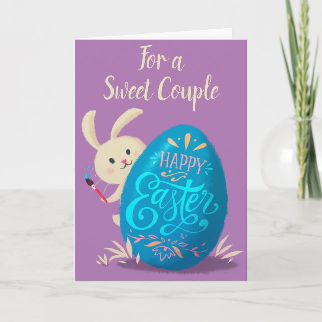 Customisable Happy Easter Card Bunny Painting Egg (Front)