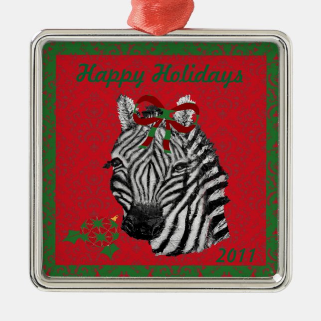 Customisable Happy Holidays Zebra Ornament (Front)