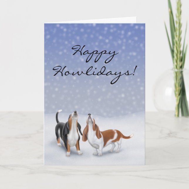 Customisable Happy Howlidays Basset Hound Dogs Car Holiday Card (Front)